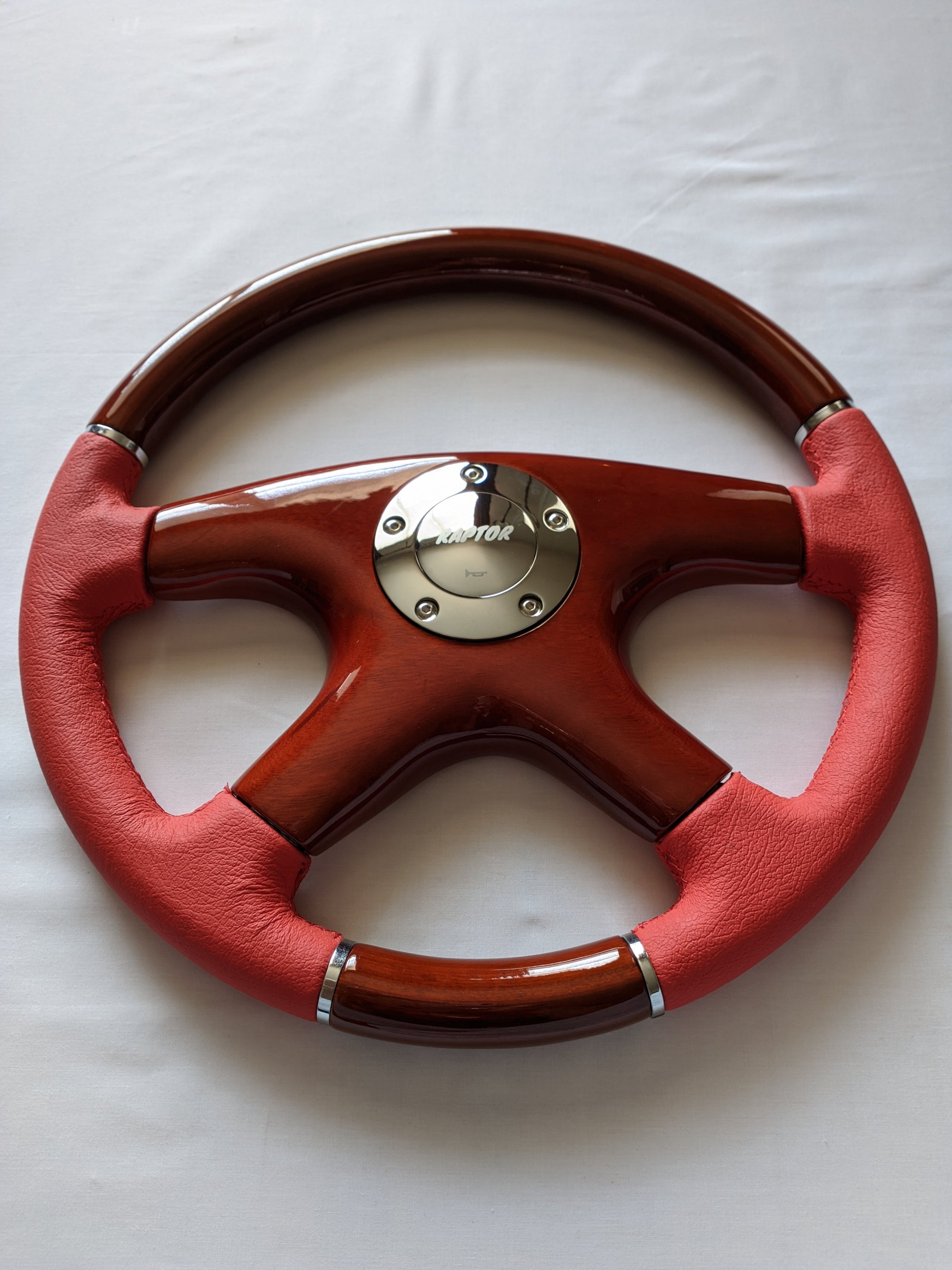 RAPTOR 15-Inch Steering Wheel - White Leather & Wood, Includes Horn Button, WHT15S Model